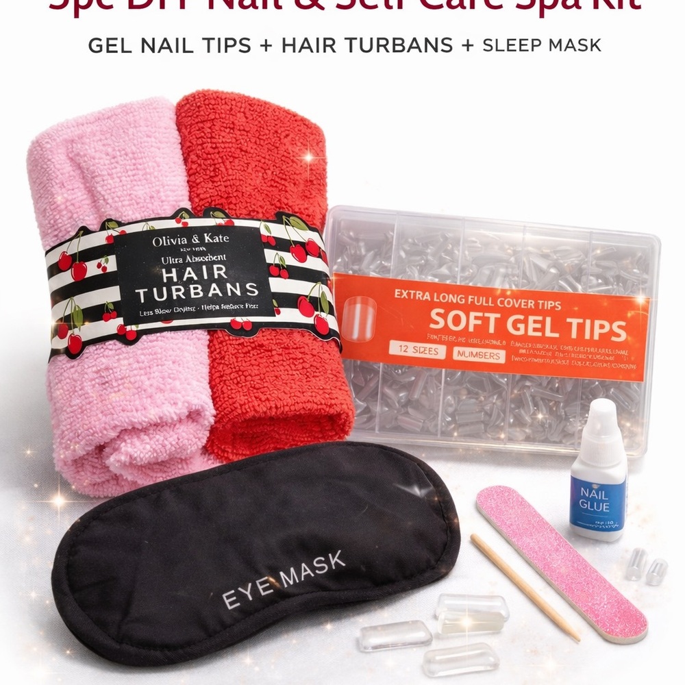 💅 DIY Nail & Self Care Spa Kit | Gel Nail Tips + Hair Turbans + Eye Mask - Picture 1 of 4